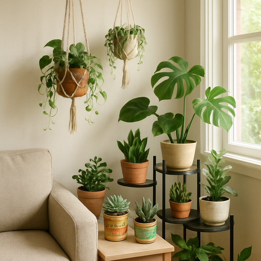 Instagram-worthy plant styling in a small space with hanging planters and tiered stands