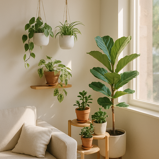 Instagram-worthy plant styling in a small apartment space with hanging planters and tiered displays