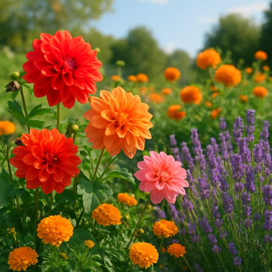 Vibrant summer garden with blooming flowers like Dahlias and Marigolds under sunny skies