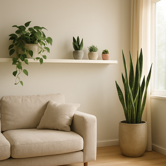 Modern living room shelf with low-maintenance indoor plants like Pothos and Snake Plant
