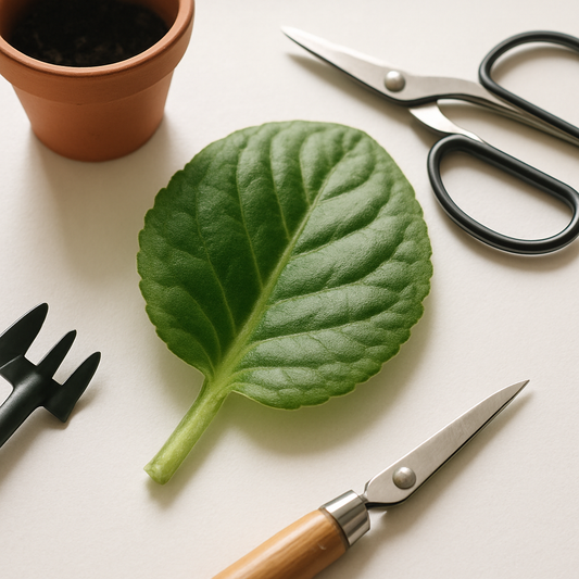 Close-up of a green leaf for propagation with gardening tools on a white background
