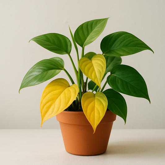 Pothos plant with yellowing leaves in a white pot on a neutral background