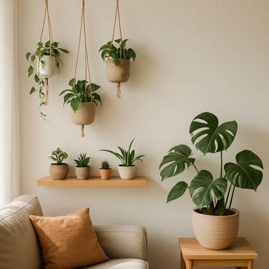 Cozy small apartment corner with Instagram-worthy plant styling hacks featuring vertical planters and minimalist decor