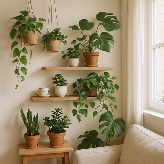 Cozy small apartment corner with Instagram-worthy plant styling hacks featuring hanging plants and upcycled planters