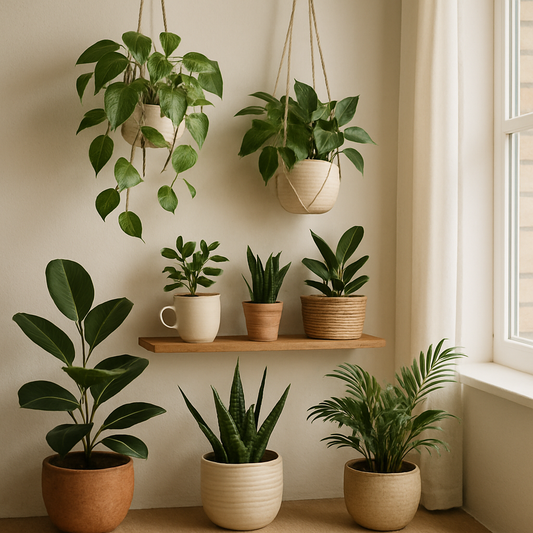 Instagram-worthy plant styling in a small apartment corner with hanging and upcycled plant displays