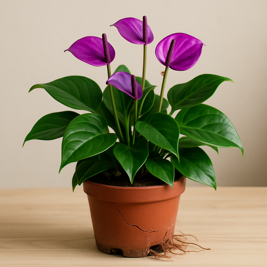 Root-bound Anthurium Purple plant in a tight pot with visible roots