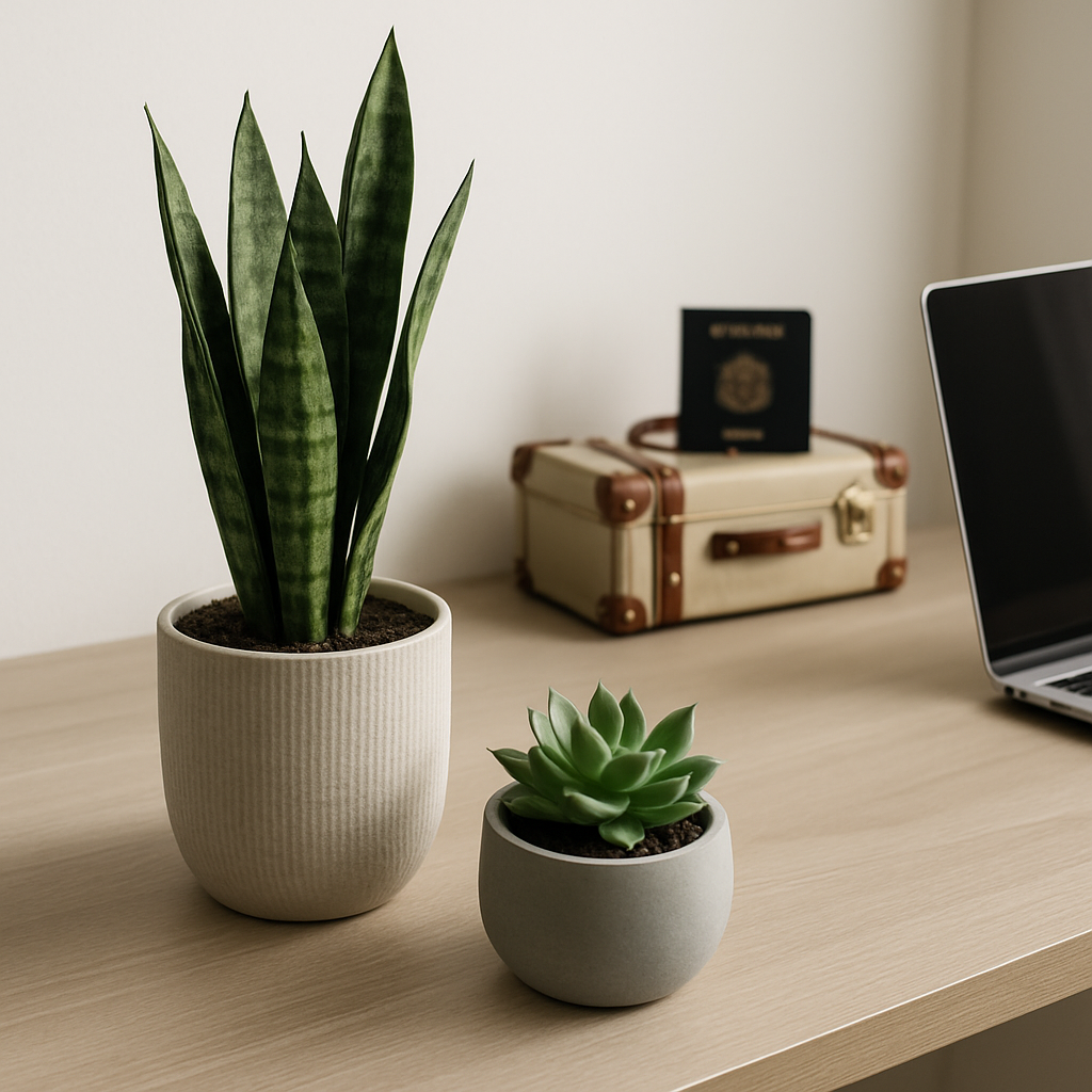 Modern workspace with low-maintenance plants for career women who travel, featuring a snake plant and succulent on a desk
