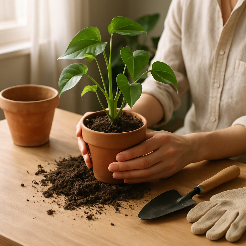Hands repotting a houseplant into a new terracotta pot on a wooden table with gardening tools