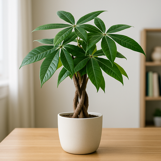 Healthy money tree plant in a modern indoor setting with braided trunk and green leaves