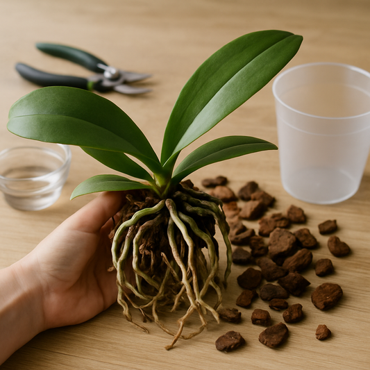 Close-up of repotting a healthy orchid with visible roots and bark mix in a new pot