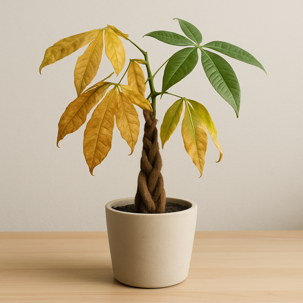 Reviving a dying Money Tree with yellowing and green leaves in a ceramic pot