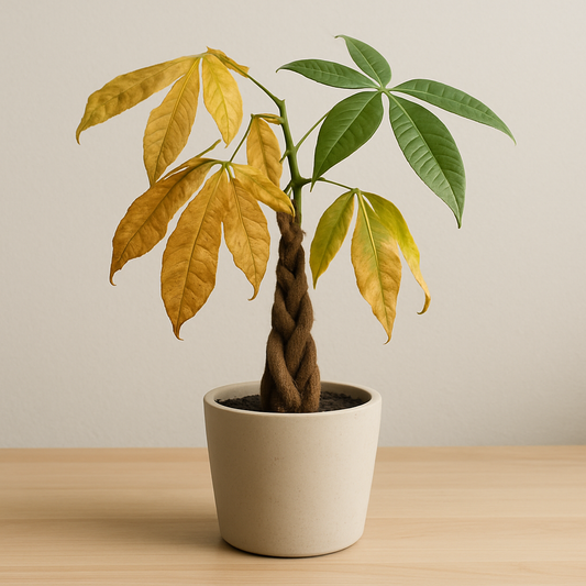 Reviving a dying Money Tree with yellowing and green leaves in a ceramic pot