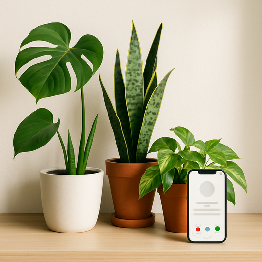 Houseplants arranged with a smartphone, representing dating profiles for plants