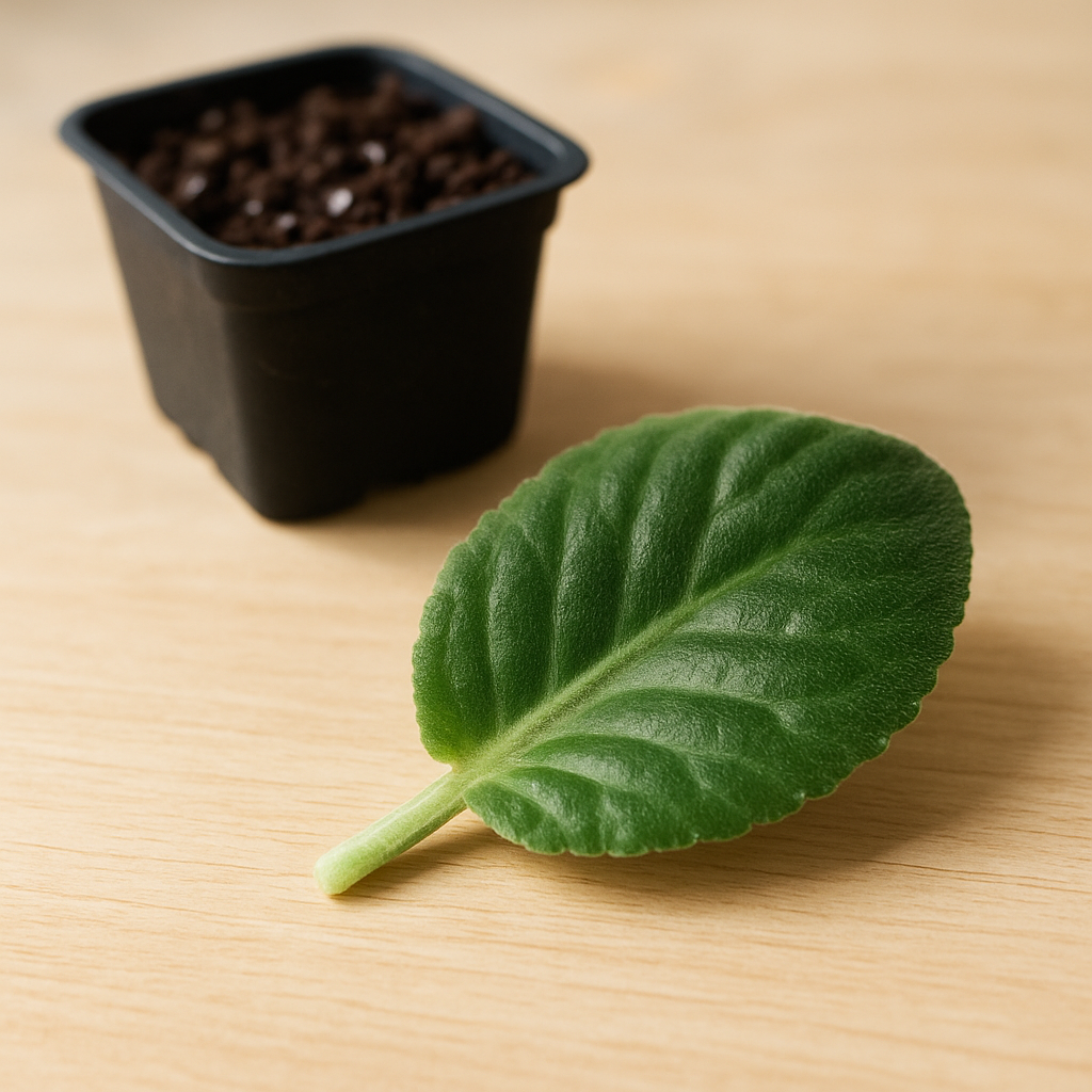 Close-up of a green leaf on a wooden surface with a propagation tray, illustrating leaf cuttings for plant propagation