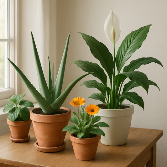 Indoor setting with medicinal house plants like Aloe Vera and Peace Lily on a table by a sunny window
