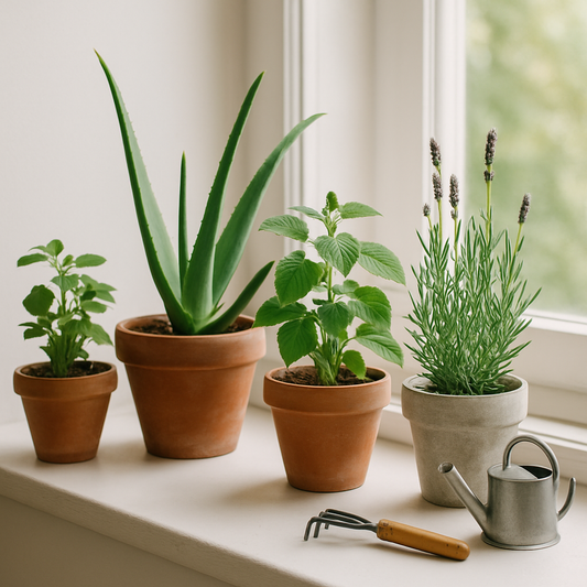 Medicinal House Plants on a Bright Windowsill with Aloe Vera and Lavender