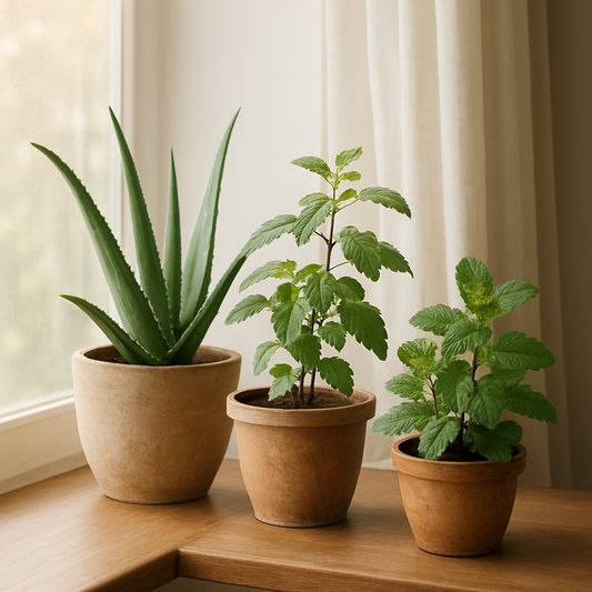 Indoor setup of medicinal house plants like Aloe Vera and Mint on a sunny windowsill