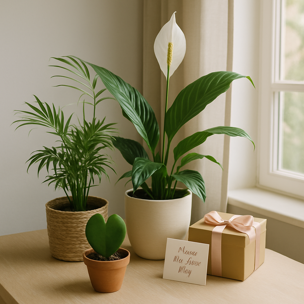 Calming house plants for Mom arranged on a table as a Mother’s Day gift