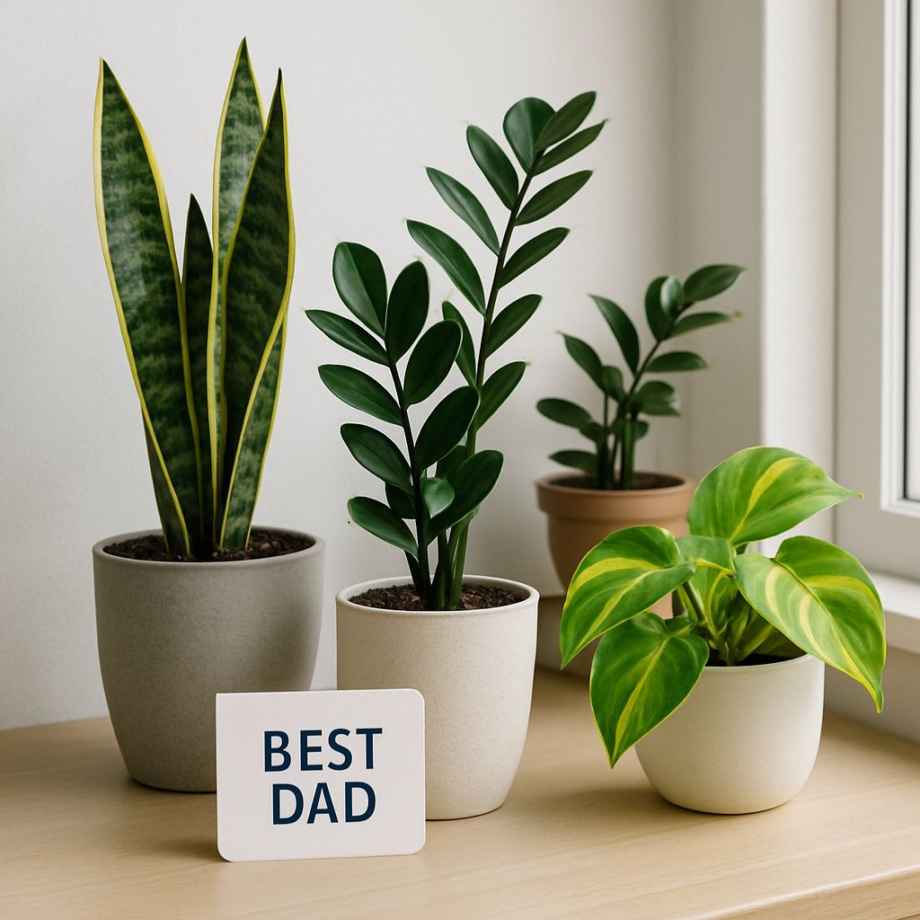 Indoor plants for dads arranged on a table with a Father’s Day card, symbolizing thoughtful green gifts