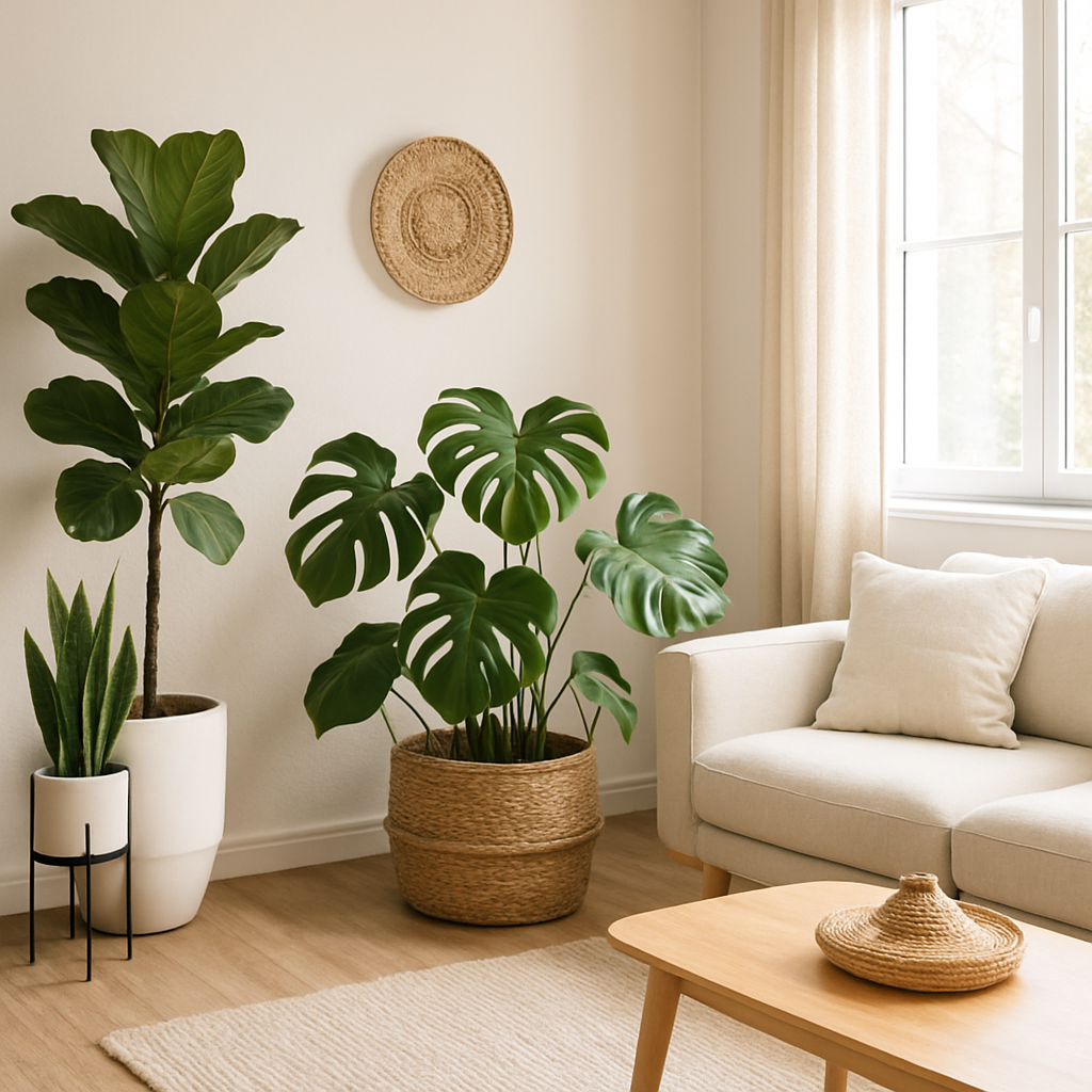 Variety of houseplants in a stylish living room reflecting plant personalities and interior style
