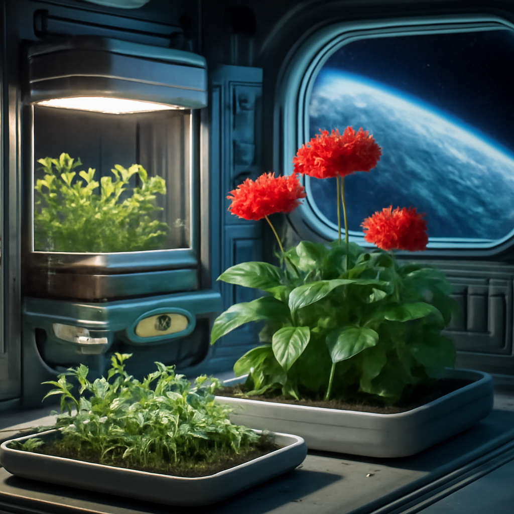Futuristic space garden with plants growing aboard a spacecraft under LED lights