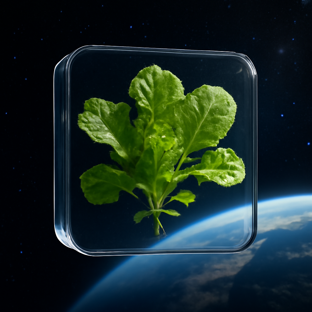 Plants in space floating in a container with Earth and stars in the background