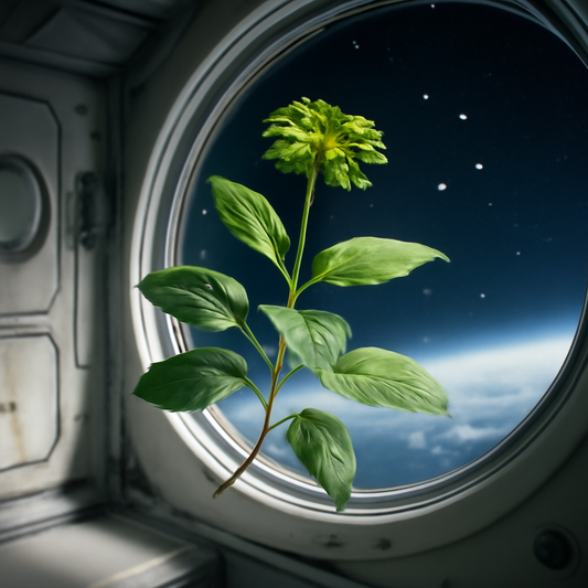 Realistic image of a green plant floating in a spacecraft, showcasing plants in space survival
