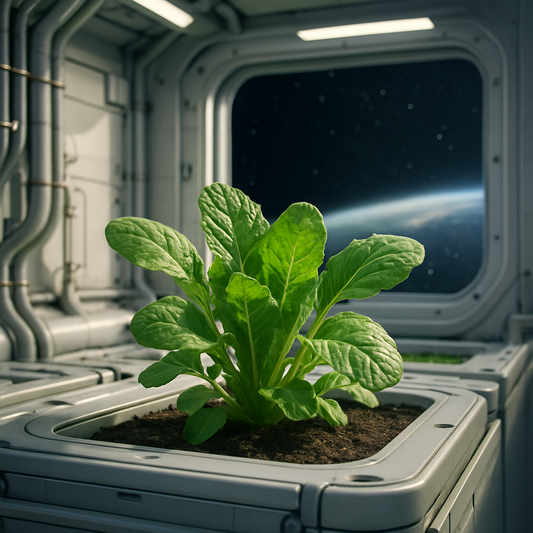Plants in space growing in a futuristic space garden module with Earth in the background