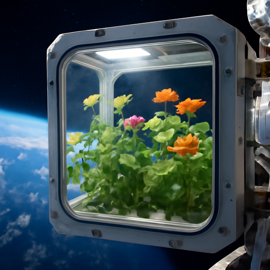 Futuristic greenhouse with plants in space on the ISS, showcasing space botany experiments