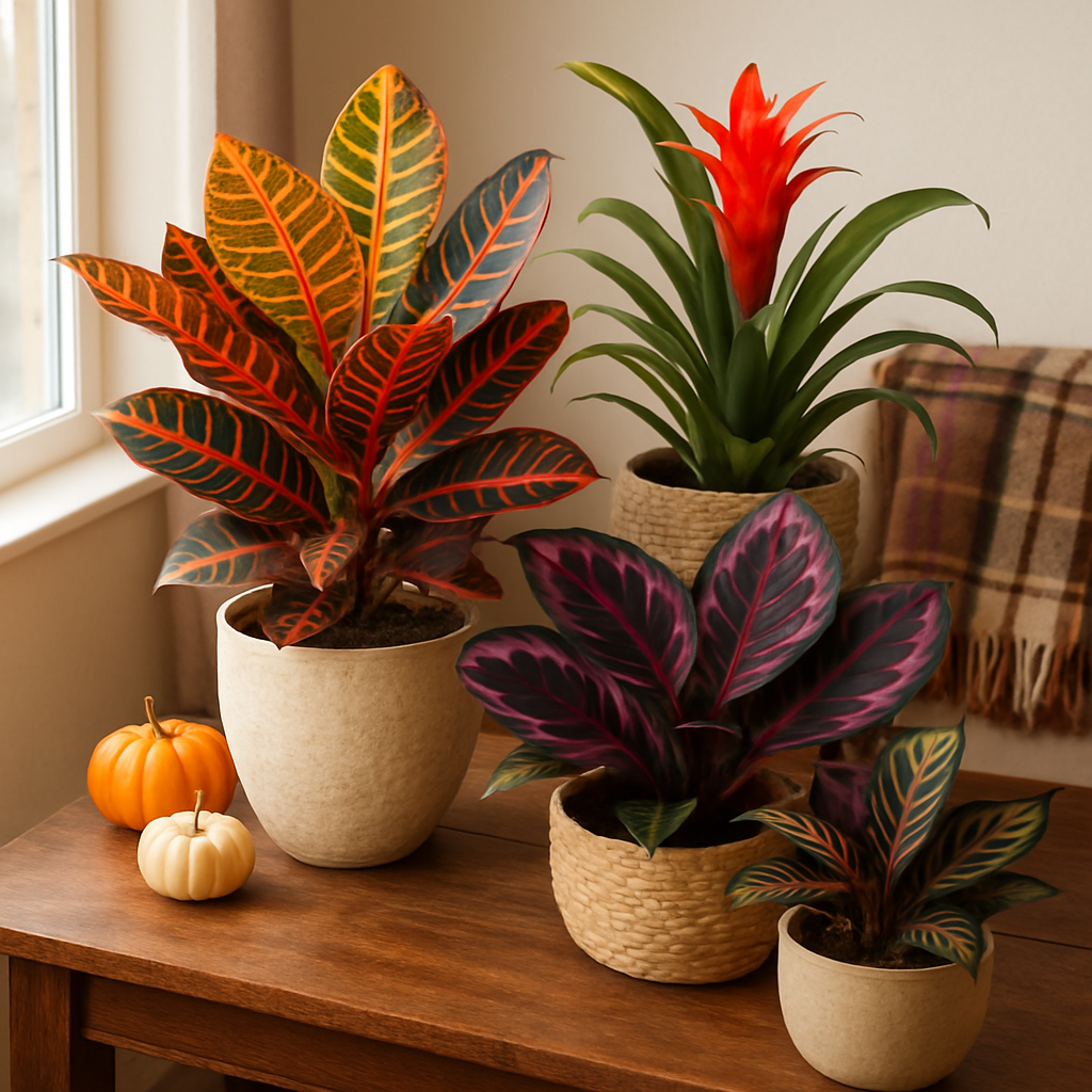 Cozy indoor setting with September-inspired houseplants in autumnal colors for fall decor