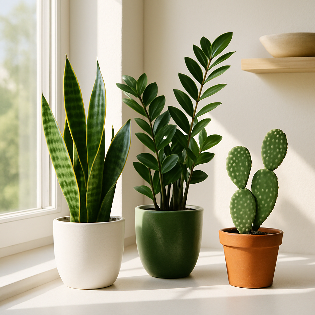 Collection of summer-proof indoor plants on a sunny windowsill, perfect for vacationers