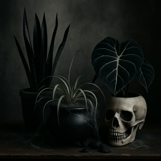 Spooky season house plants with dark foliage in Halloween-themed planters for fall decor