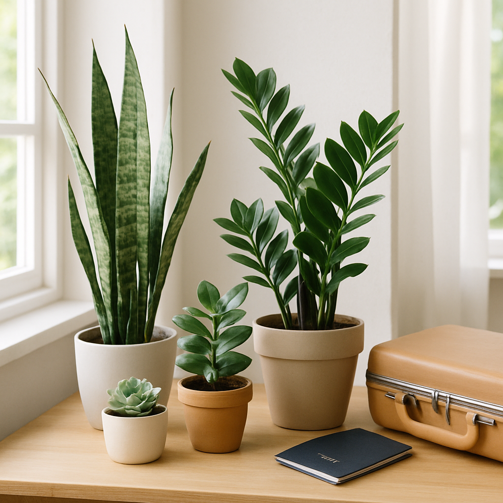Collection of low-maintenance houseplants for summer vacation travel