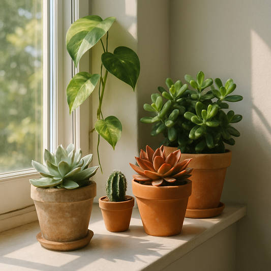 Sunlit indoor windowsill with vibrant summer plants like succulents and pothos for a bright home decor