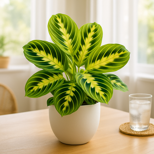 Lemon Lime Maranta house plant in a stylish pot on a wooden table, perfect for summer indoor decor in August