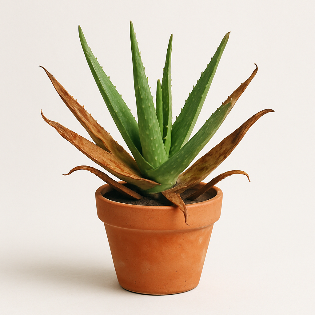Aloe vera plant with brown leaves in a terracotta pot on white background