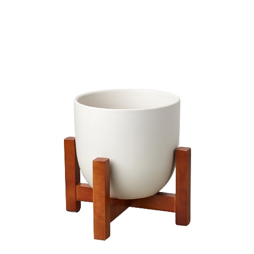 Ceramic Contour Pot with Wood Stand - 7 Inch - Elevated Elegance Planter for 6 Inch Plants